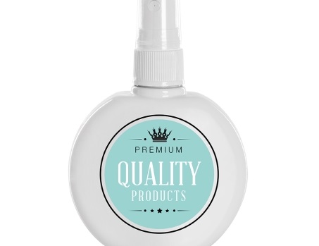Spray bottle with a label that displays 'Premium Quality Products' in blue lettering on a white background.