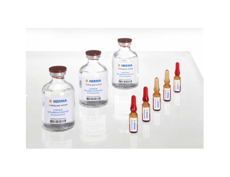 Three glass vials and several ampoules with labels representing medical products.
