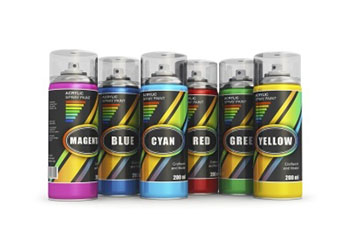 Six spray cans in different colours: magenta, blue, cyan, red, green, and yellow, each with a black label and a transparent cap.