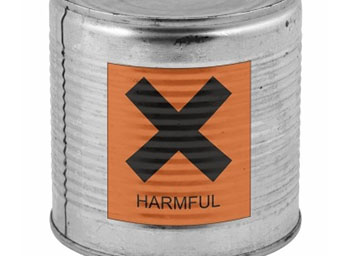 Can with an orange label that displays a black X and the word 'HARMFUL,' indicating harmful contents.