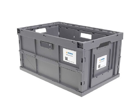 Gray plastic box with handles, suitable for storage or transport, with labels on the side.
