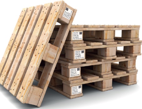 Wooden pallets, one stacked and one lying flat, with labels on the sides containing information about the pallets.