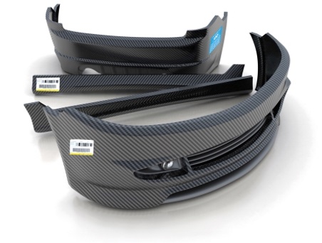 Carbon bumpers for a vehicle, including a front bumper and side panels, with labels for identification.