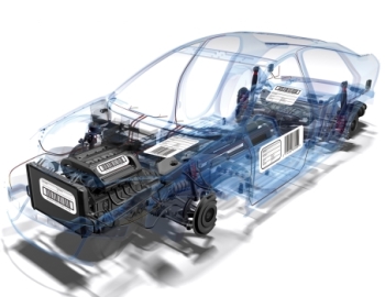 Transparent depiction of a car showing the internal components and chassis, including the engine and drivetrain. Parts labelled accordingly.