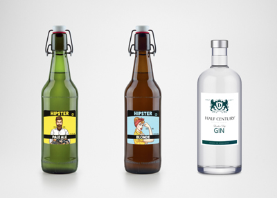 Three bottles of alcoholic beverages: a green bottle with a 'Pale Ale' label, a brown bottle with a 'Blonde' label, and a clear bottle with a 'Half Century Gin' label.