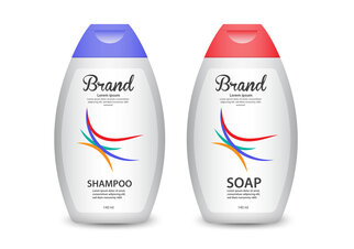 Two bottles of shampoo and soap, each with colored caps and the word 'Brand' on the front.