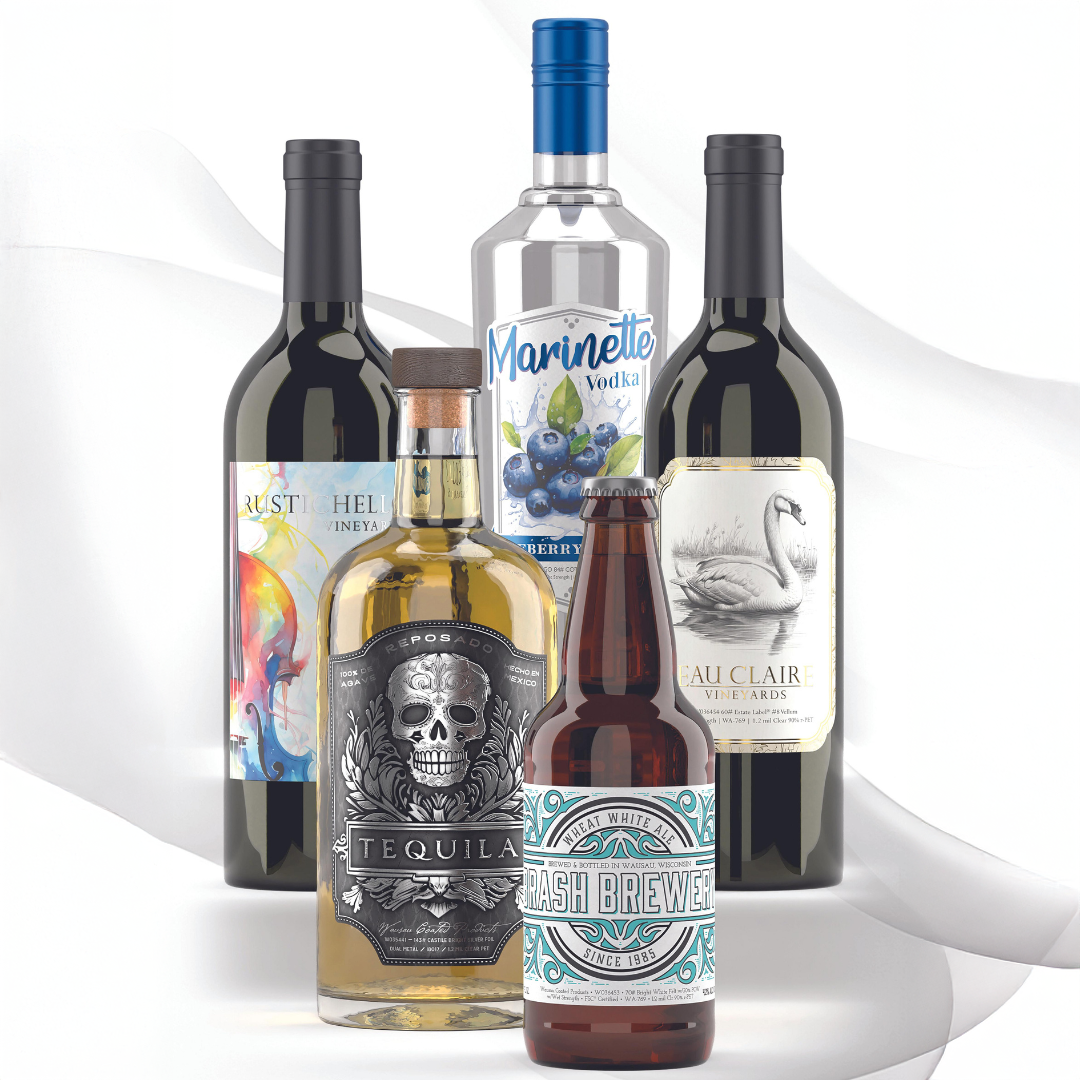 A selection of bottles: tequila, vodka, red wine, and a beer, presented against a neutral background.