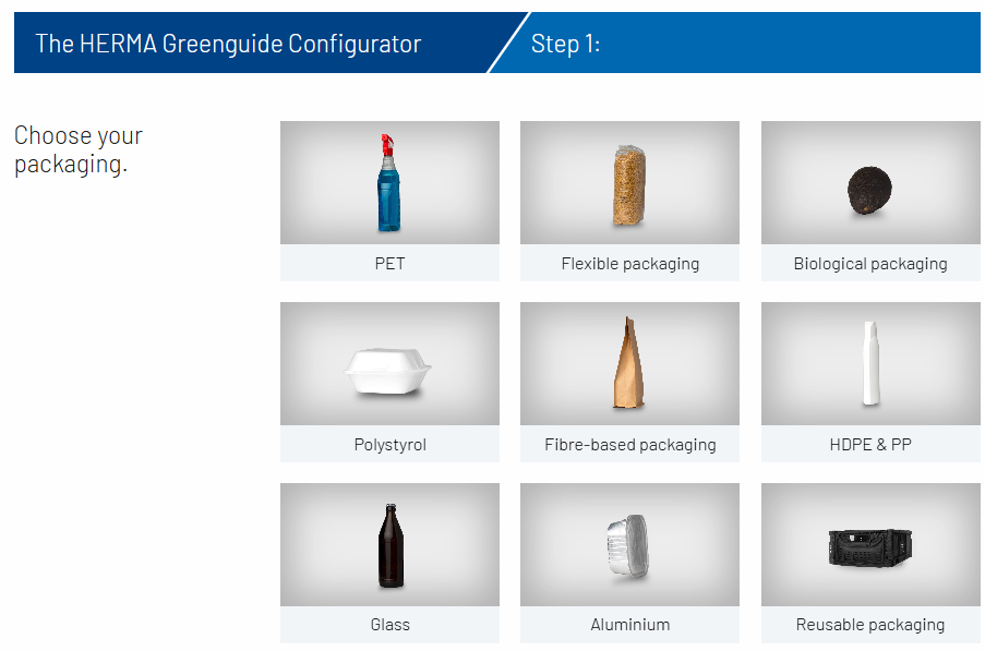 Selection of packaging in the HERMA Greenguide configurator: PET, flexible packaging, biodegradable packaging, polystyrene, fiber-based packaging, HDPE & PP, glass, aluminum, reusable packaging.