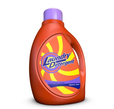 Bottle of laundry detergent in orange-red, with a purple cap and yellow design. The label reads 'Laundry Detergent' and 'Original Scent.