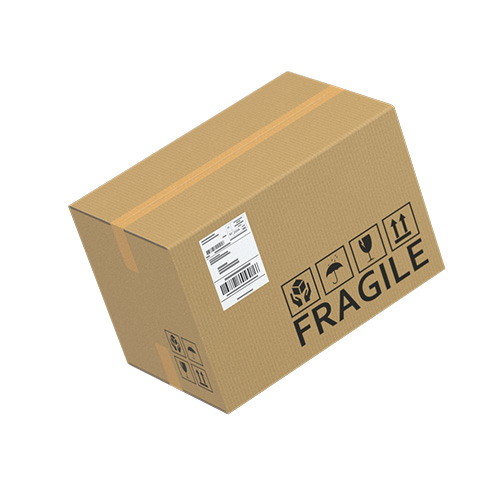 Cardboard packaging with the print 'FRAGILE' and a shipping label indicating fragile contents.