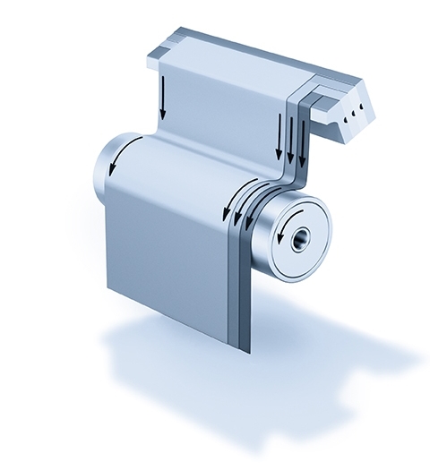 A mechanical component with a wavy design and arrows indicating the direction of movement.