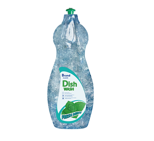 Bottle of blue dishwashing liquid, labelled with 'Dish Wash' and 'Fresh Mint'.