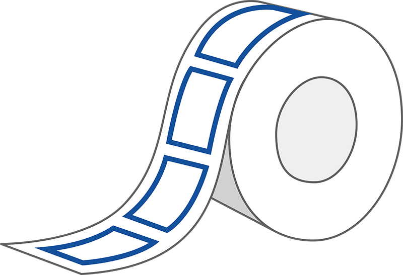 A roll of self-adhesive labels, partially unwound, features a simple blue design on the surface.