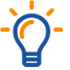 A stylized blue light bulb with orange rays radiating from the top and sides.