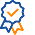 A blue gear with an orange checkmark in the centre, surrounded by an orange circle.
