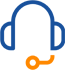 A blue headset icon with an orange microphone connector, commonly used for customer service or technical support.