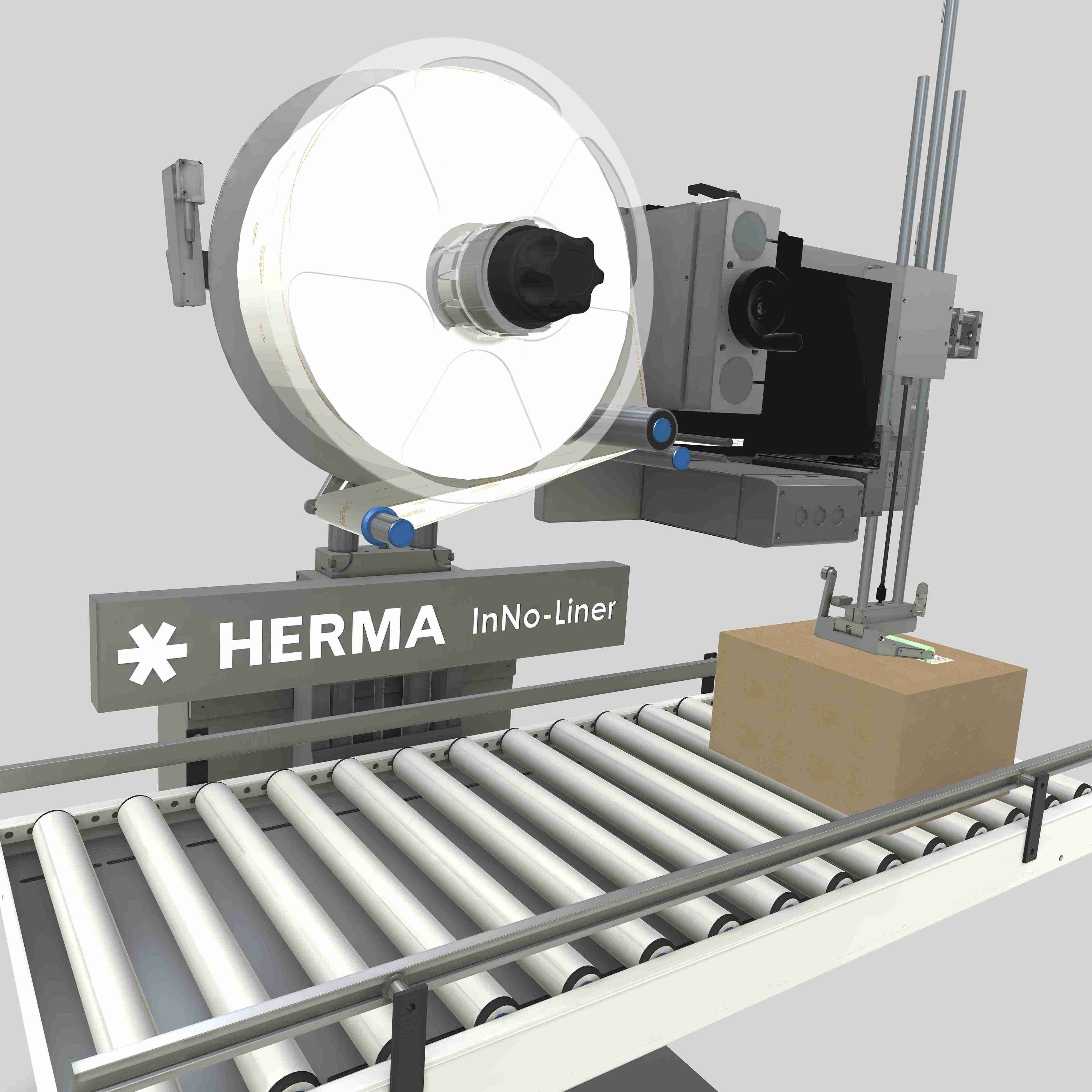 A HERMA InNo-Liner on a conveyor system that labels a cardboard package.