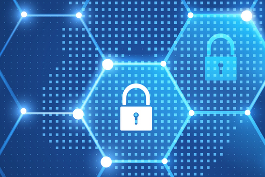 A digital network featuring hexagonal patterns and lock symbols, representing security and privacy.
